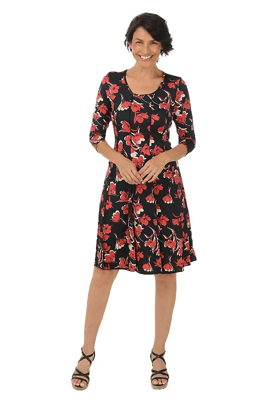 Red Poppies Seamed 3/4 Sleeve Dress