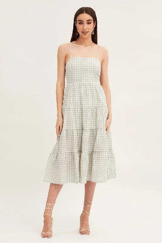 Check Sleeveless Backless Tiered Midi Dress