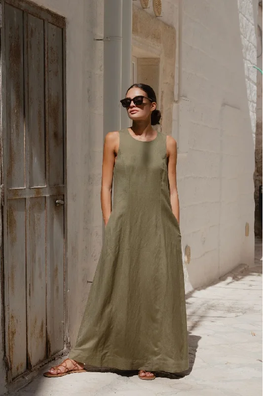 Easygoing Soft Khaki Linen Blend Sleeveless Crew Neck Midi Dress