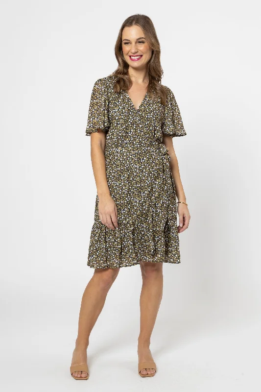 Hazel  Sage Floral Satin Mini Wrap Dress