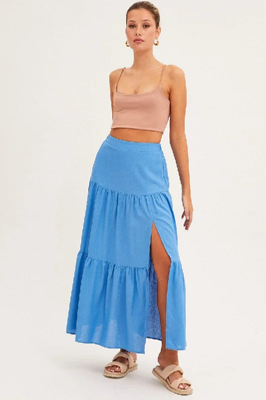 Blue Maxi Skirt High Waist Split Tiered