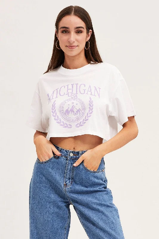 White Crew Cropped Graphic T-Shirt