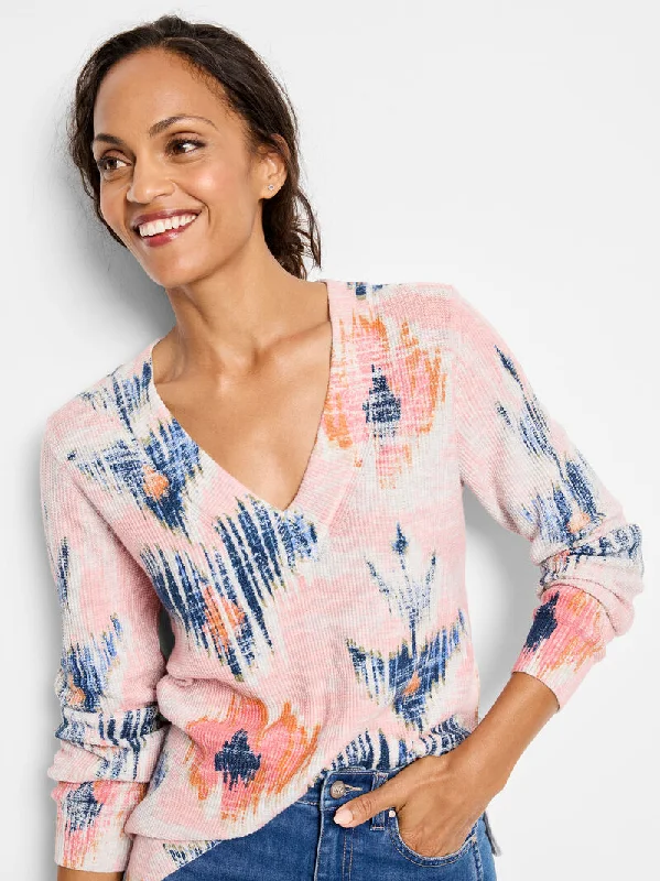 NIC+ZOE Abstract Floral Waffle Stitch V-Neck Sweater