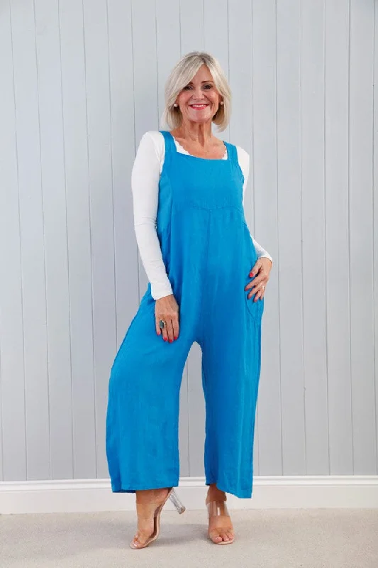 Linen Zip-Up Dungarees Turquoise