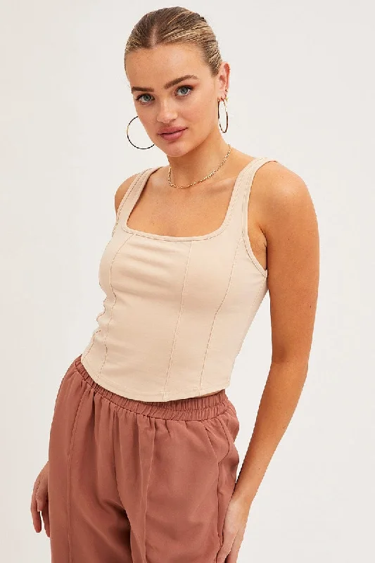 Beige Corset Tank Sleeveless Square Neck Crop Curved Hem