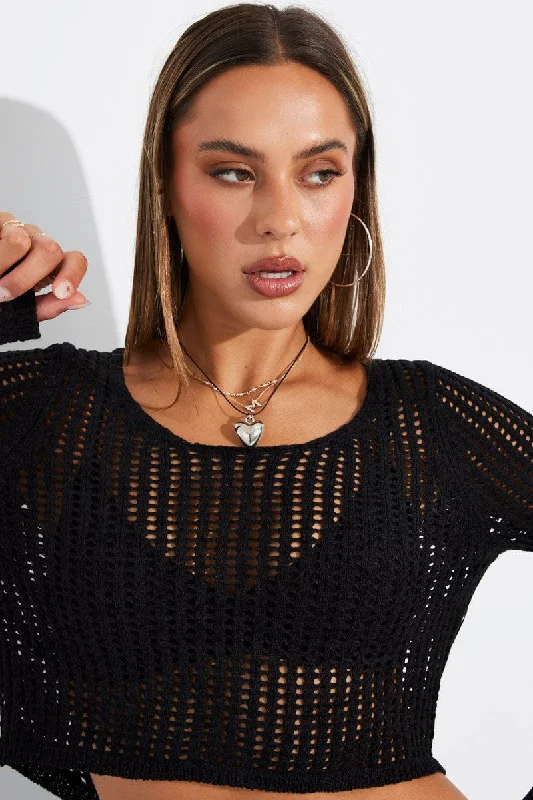 Black Crochet Top Long Sleeve Scoop Neck