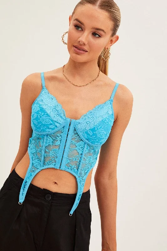 Blue Corset Top Sleeveless Sweetheart Crop Garter Lace