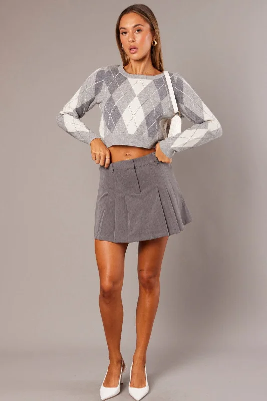 Grey Check Knit Jumper Long Sleeve Argyle