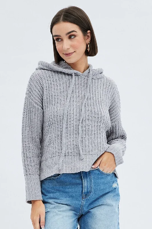 Grey Knit Top Long Sleeve Hoodie