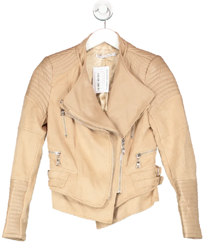 Ivory & Chain Beige Luxe Vegan Leather & Soft Faux Suede Biker Jacket UK 6